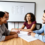 **Teamwork & Collaboration:** A diverse group of employees working together in a modern office setting. Some are collaborating on a project at a table, others are discussing ideas near a whiteboard, all smiling and engaged. Depict a friendly and supportive atmosphere with good communication.