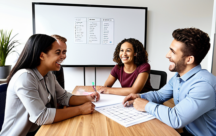 **Teamwork & Collaboration:** A diverse group of employees working together in a modern office setting. Some are collaborating on a project at a table, others are discussing ideas near a whiteboard, all smiling and engaged. Depict a friendly and supportive atmosphere with good communication.