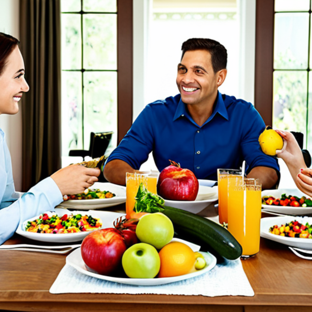 Healthy Eating**
"A table laden with colorful fruits, vegetables, and whole grains, a family-friendly scene, safe for work, appropriate content, fully clothed people enjoying a healthy meal, professional food photography, perfect anatomy, natural proportions, modest setting, bright and inviting atmosphere."
**