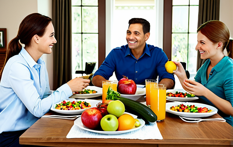 Healthy Eating**
"A table laden with colorful fruits, vegetables, and whole grains, a family-friendly scene, safe for work, appropriate content, fully clothed people enjoying a healthy meal, professional food photography, perfect anatomy, natural proportions, modest setting, bright and inviting atmosphere."
**