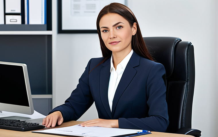 **Professional:** A businesswoman in a modern office setting, fully clothed in a modest business suit, seated at a desk, appropriate attire, safe for work, perfect anatomy, natural proportions, high quality.