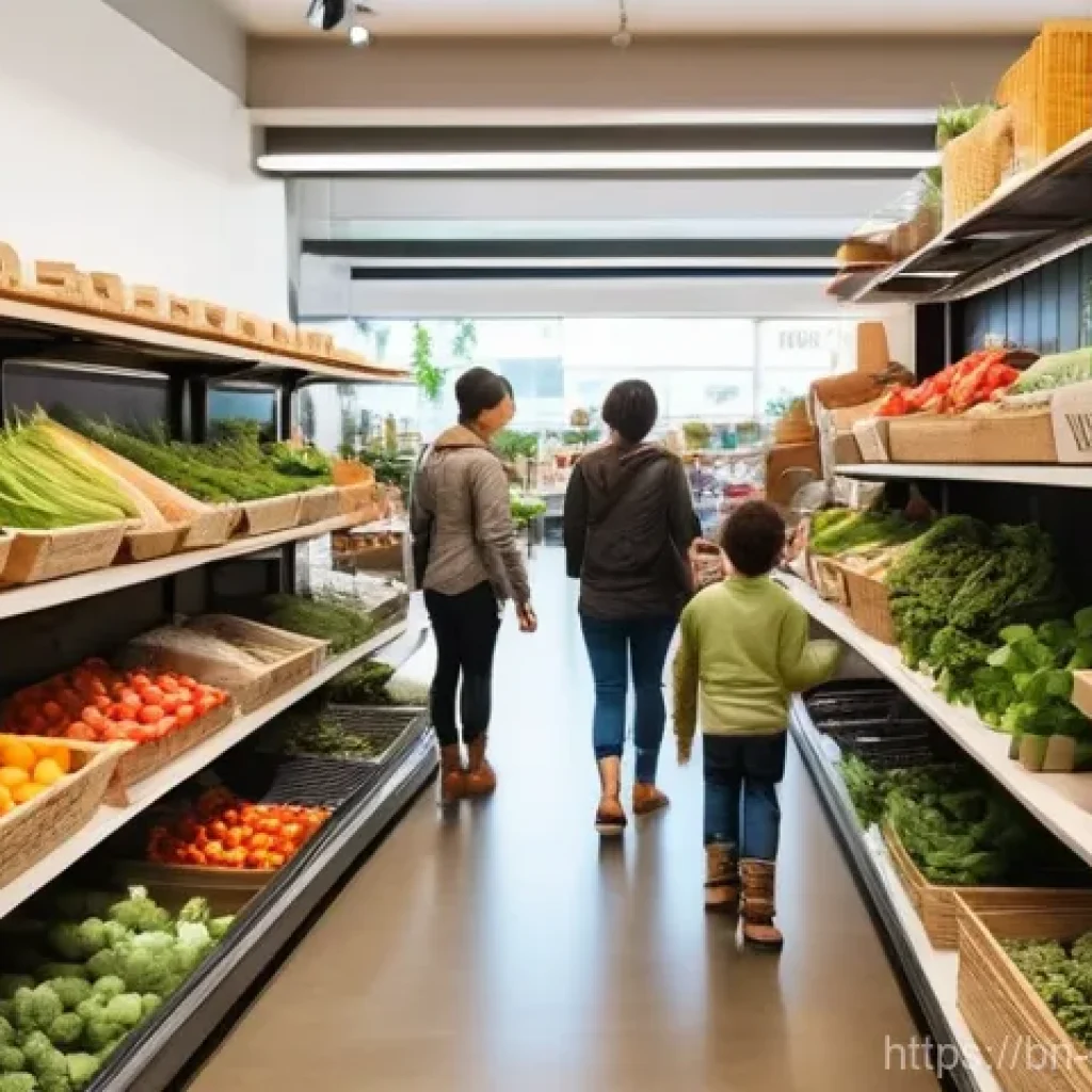 지속가능한 성취와 기업의 사회적 책임 - **Prompt:** A vibrant, sunlit indoor eco-market bustling with diverse shoppers of all ages. In the f...