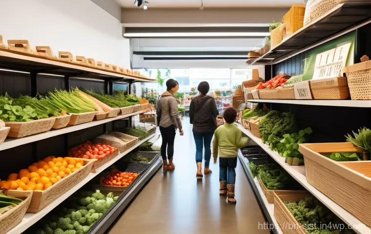 지속가능한 성취와 기업의 사회적 책임 - **Prompt:** A vibrant, sunlit indoor eco-market bustling with diverse shoppers of all ages. In the f...