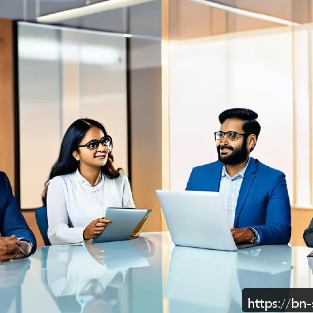 지속가능한 성취와 비즈니스 모델 혁신 - A modern office scene featuring a diverse team of Bengali professionals collaborating on digital bus...