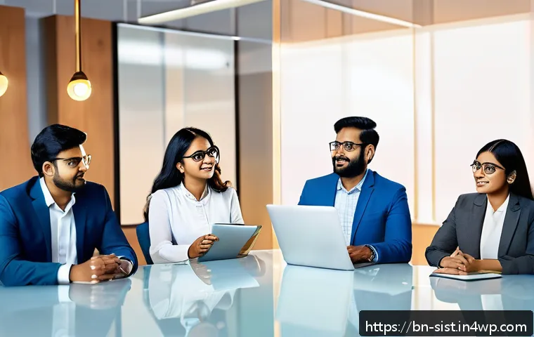 지속가능한 성취와 비즈니스 모델 혁신 - A modern office scene featuring a diverse team of Bengali professionals collaborating on digital bus...